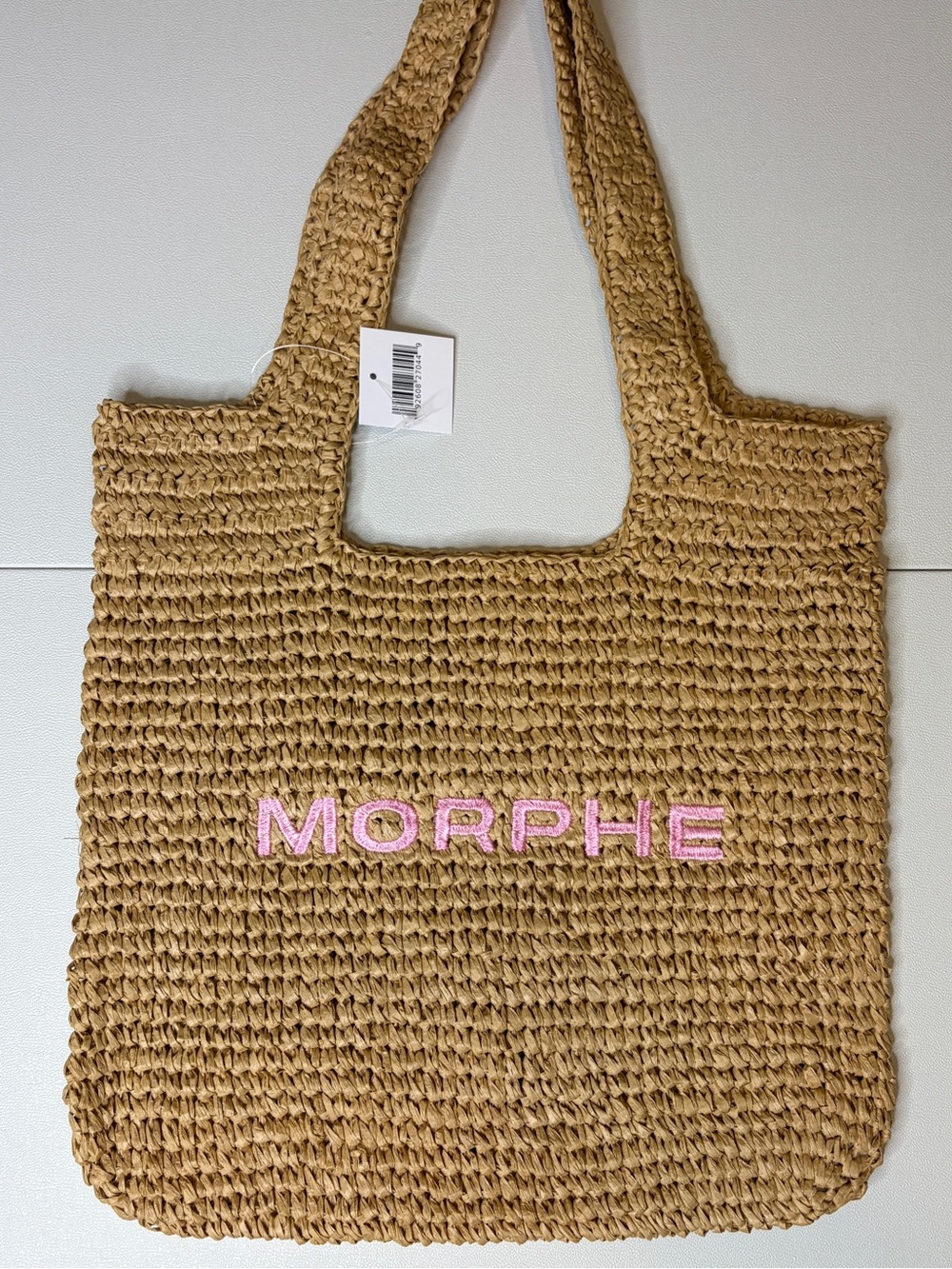 Morphe Tan Woven Tote with Pink Embroidered Logo